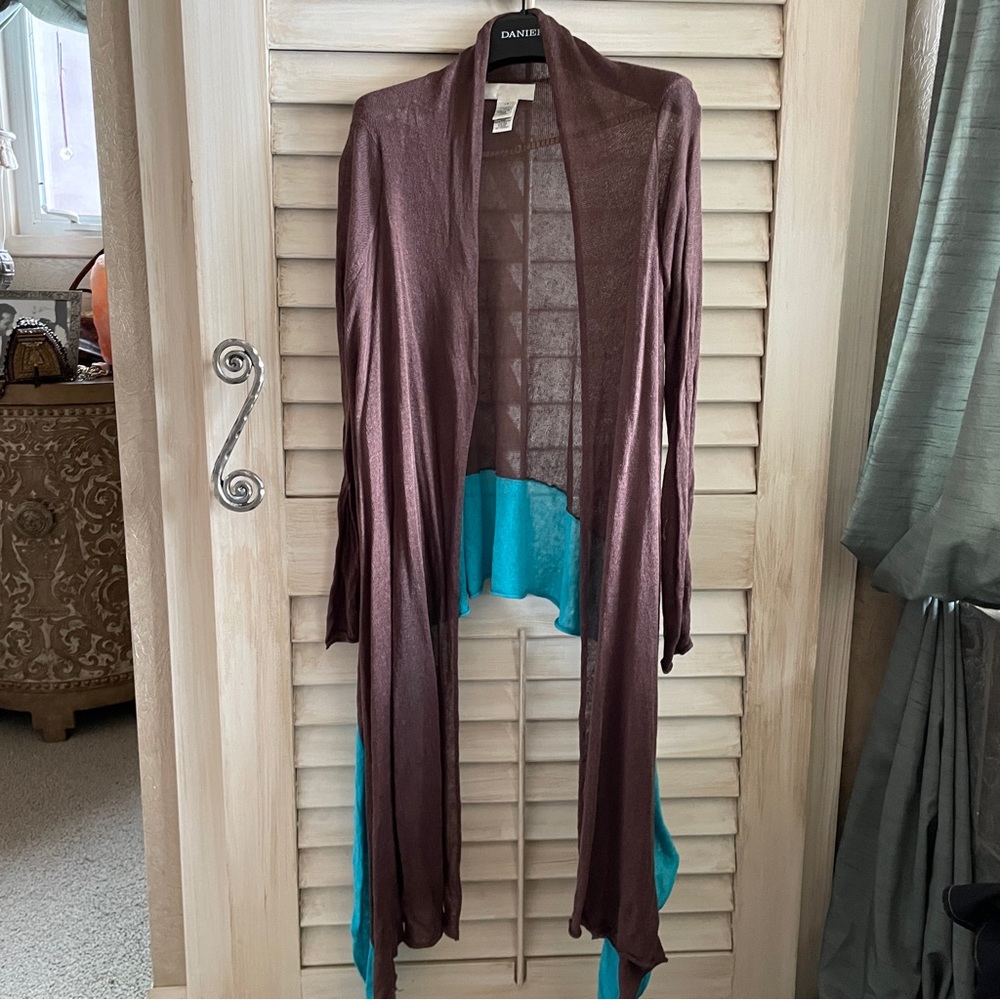 Ronit Zilkha Linen Waterfall Cardigan SZ L in Brown & Teal